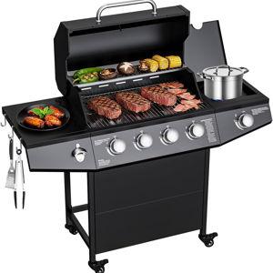 4-Burner Propane Gas Grill with Side Burner, 50,000 BTU Outdoor Gas BBQ Grill with Stainless Steel Grate, Easy-Clean Grease, Outdoor Cooking for Patio, Camping, Backyard