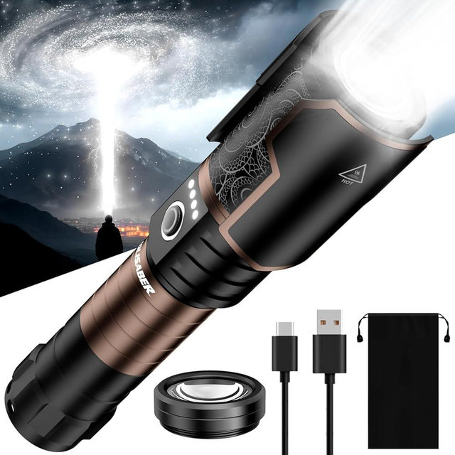 VOLISABER LED Flashlights High Lumens Rechargeable, 4000 Lumens Tactical Super Bright Flashlight with Ignition Lens, 6 Modes Waterproof Flash Light for Camping & Emergency Home Gift