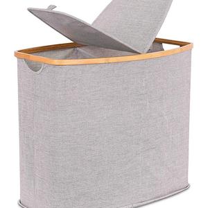 BirdRock Home - BIRDROCK HOME Divided Bamboo & Canvas Hamper | Double Laundry Basket with Lid | Modern 2 Section Foldable Hamper | Cut Out Handles | Grey Narrow Design | Great for Kids Adults