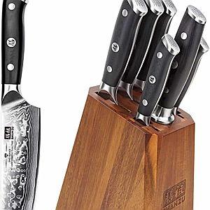 SHAN ZU Damascus Kitchen Knife Set, 7-Piece Professional Knife Sets for Chefs, Japanese Super Steel Damascus Kitchen Knife Set With G10 Handle Knife Block Set
