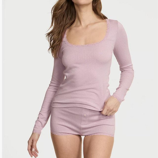 Pointelle Modal Long-Sleeve Scoop Top & Shortie Set