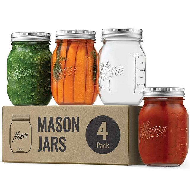 Regular-Mouth Glass Mason Jars, 16-Ounce (4-Pack) Glass Canning Jars with Silver Metal Airtight Lids and Bands with Measurement Marks, for Canning, Preserving, Meal Prep, Overnight Oats, Jam, Jelly,