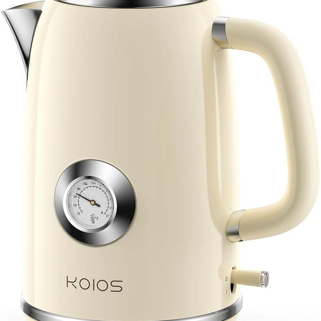 Electric Kettle, 1.8 L Hot Water Boiler Heater with Thermometer, 1500W Retro Electric Tea and Water Kettle with LED Indicator, 100% Stainless Steel, Auto Shut-Off & Boil-Dry Protection, Beige