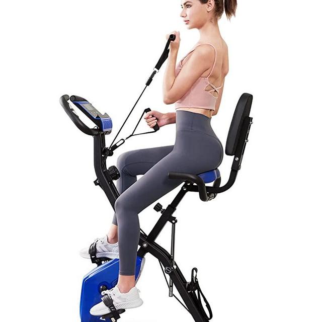 Exercise Bike, WHTOR Stationary Bike 4 in 1 Foldable Exercise Bike for Home with Pulse Sensor and 16 Level Adjustable Magnetic, Workout Cycling Bike for Seniors, Upright Bike with Arm and Leg Resistance Band