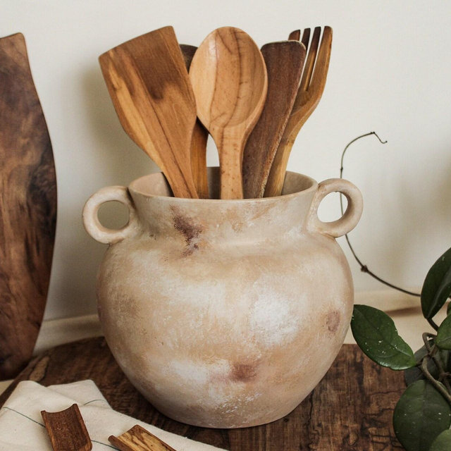 Rustic Utensil Holder, Vintage Handle Ceramic Vase, Kitchen Crock, Nordic Style Vase, Housewarming Gift, Antiquing Kitchen Organizer