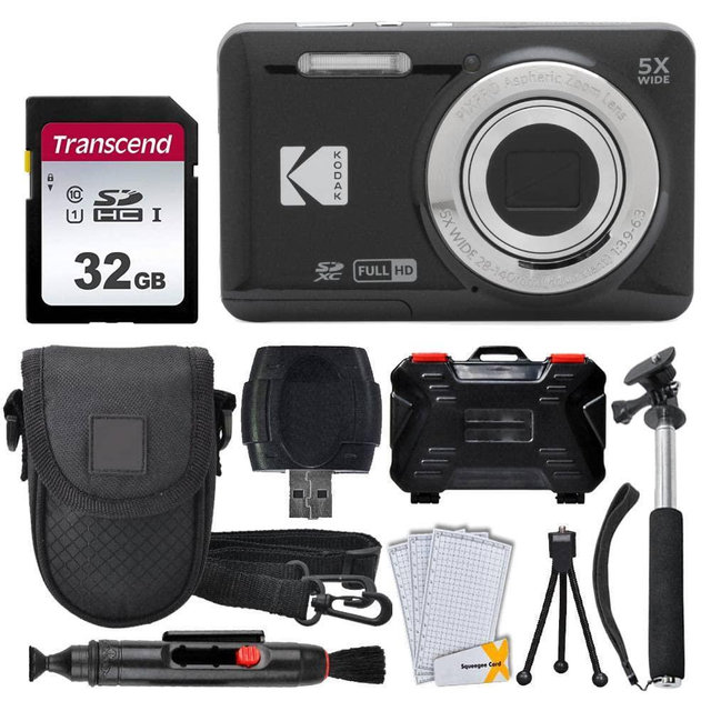 Kodak PIXPRO FZ55 Digital Camera (Black) + 32GB Memory Card + Point and Shoot Camera Case + Extendable Monopod + Lens Cleaning Pen + LCD Screen Protectors + Table Top Tripod â€“ Ultimate Bundle
