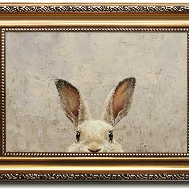Uniro Vintage Gold Framed Wall Art, Easter Bunny Wall Art Decor, Neutral Rabbit Canvas Oil Painting Poster for Rustic Easter Décor, Vintage Home Decor Animals Artwork Prints Wall Decor for Kids Room, Living Room, Bedroom or Festive Spaces - 12x16inch