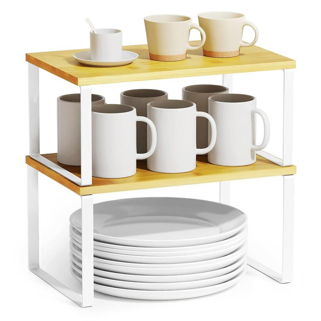 SpaceAid Cabinet Shelf Organizers 2 Pack, Kitchen Counter Rack Shelves Riser, Stackable Expandable Spice Rack, Pantry Cupboard Storage Organization (White and Natural, Short)