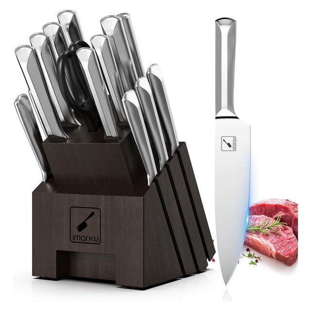 imarku 16 PCS High Carbon Japanese Stainless Steel Knife Sets for Kitchen with Block, Sharpener Chef Knife Set, Dishwasher Safe, Kitchen Essentials