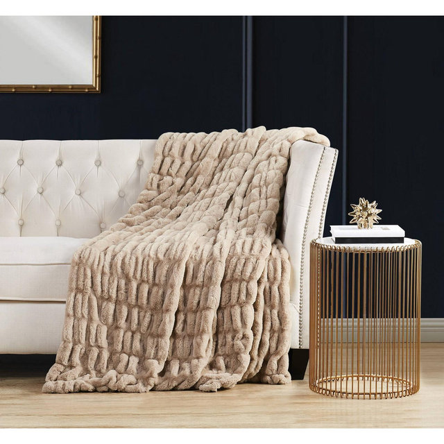 50"x70" Oversized Home Ruched Faux Rabbit Fur in Gift Box Throw Blanket Tan - Badgley Mischka