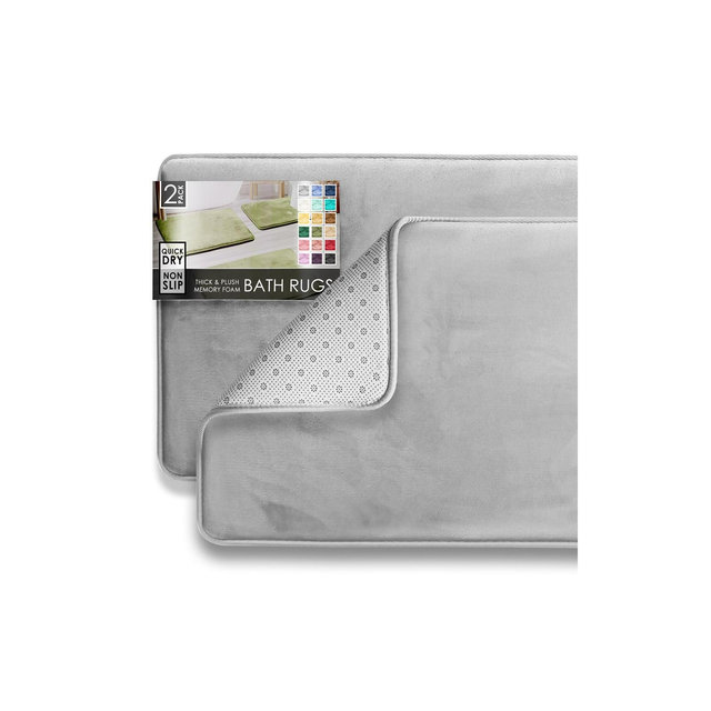 Hearth & Harbor 2 Piece Bathroom Rugs Bath Mat Set, Non-Slip Velvet Memory Foam Bath Mats, Light Gray