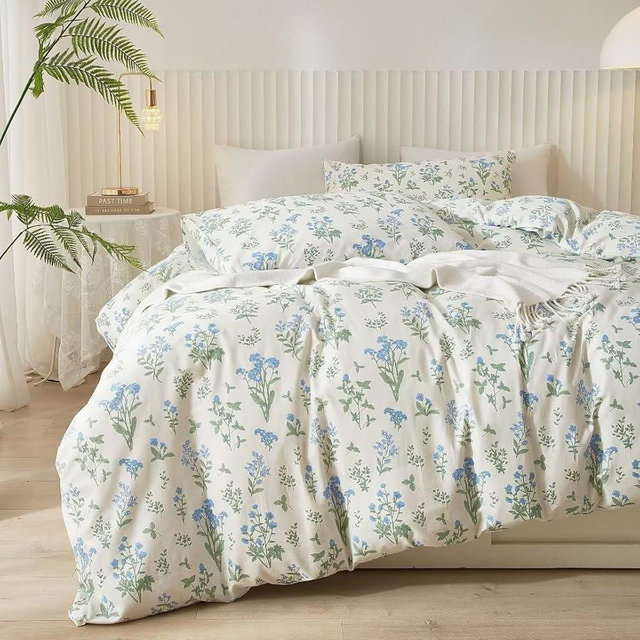 Mucalis White Floral Duvet Cover King 100% Cotton Floral Printed Duvet Cover Set Botanical Blue Flower 3 Piece Garden Bedding Set Zipper Closure Corner Ties for Teens Adult-Breathable Comfortable