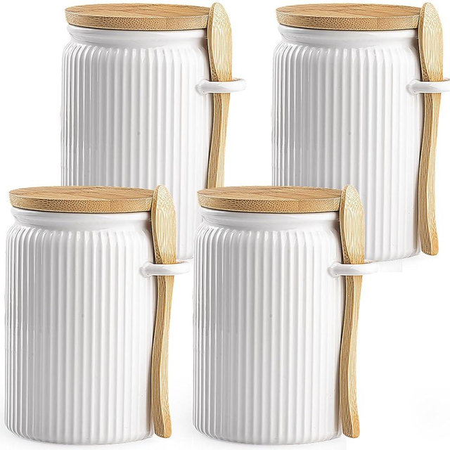getstar Canisters Sets for the Kitchen, 20 oz Flour Sugar Storage Containers Set of 4 with Airtight Lids and Teaspoons, White Ceramic Kitchen Canisters for Countertop