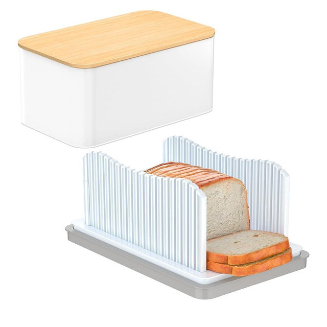 CAWIU Bread Slicer for Homemade Bread with Bread Box, Foldable Bread Cutter with Crumb Tray, Adjustable Width Bread Slicing Guide for Loafs, Sandwiches, Bagels, and Cakes