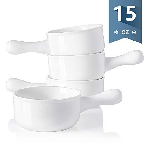Sweese 109.101 Porcelain Onion Soup Bowls with Handles - 15 Ounce for Soup, Cereal, Stew, Chill, Set of 4, White