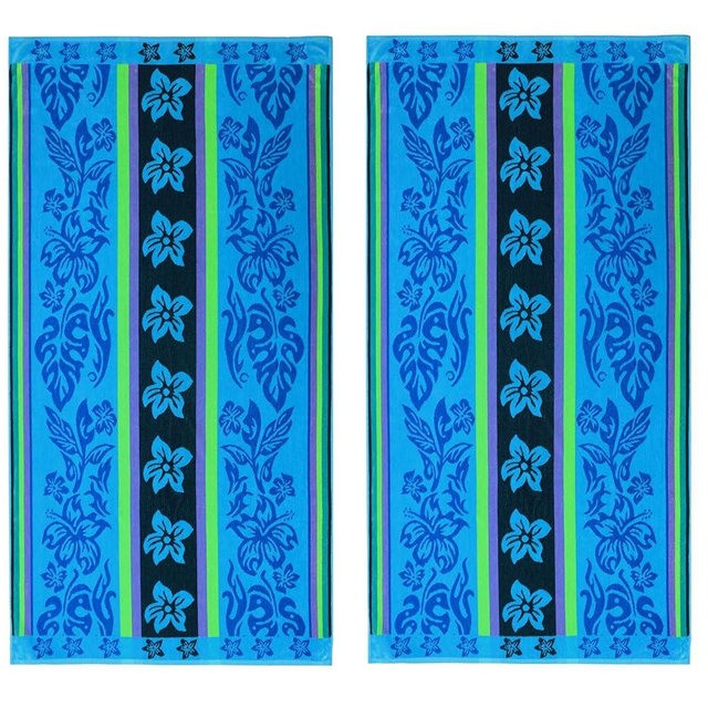 COTTON CRAFT Oversized Beach Towel - 2 Pack XL 39 x 68 inches Big & Huge Beach Blanket Towel - 100% Cotton Jacquard Velour - Super Soft Luxury - Pool Picnic Bath - Tropical Hibiscus Aqua Blue Purple