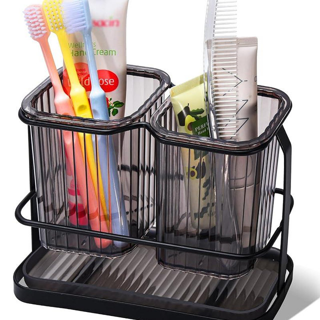 KONE Black Toothbrush Holders for Bathrooms, 2 Cups Toothbrush Holders Wall Mounted, Dry & Wet Separation, Bathroom Organizers and Storage, Bathroom Toothbrush Holder Set for Family Kids
