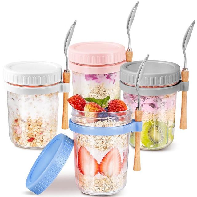 HomArtist Glass Overnight Oats Containers with Lids and Spoon, 16 oz Wide Mouth Mason Jars for Overnight Oats, Cereal, Yogurt, Salad Lunch Container with Measurement Marks - Multicolor 4 Pack