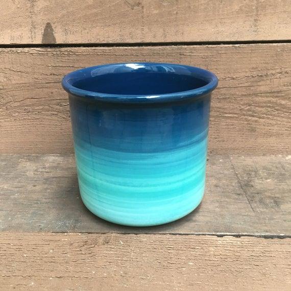 Ceramic Crock or Utensil Holder - Large - Turquoise Ombre Colorful Gradient Design - Shades of Teal - Aquamarine