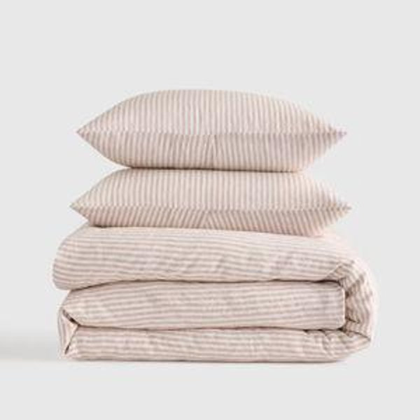 European Linen Duvet Cover Set - Full/Queen - Dusty Mauve/White Stripe