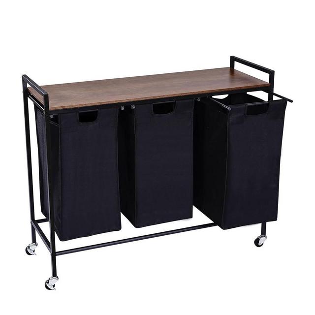 Foyer Haven Laundry Hamper With Wheels with 3 Removable & Pull-Out Sorting Bags, Wooden Top Shelf, Versatile Laundry Basket Organizer for Laundry Room
