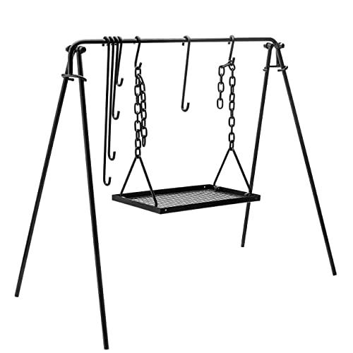 Bruntmor Grill Swing Campfire Cooking Stand BBQ Grill for Cookware & Dutch Oven Adjustable Collapsible Legs with Hooks & Accessories & Carrying Case