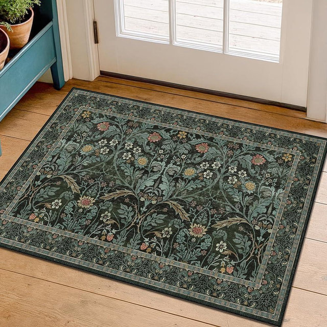 Washable Entry Rug 2x3 Non Slip, Vintage Small Throw Rugs for Entryway, Kitchen, Bathroom, Front Door Mat Indoor Entrance, Bedroom, Ultra Soft Low Pile Stain Resistant (Dark Green)