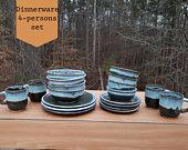 Blue Stoneware Dinnerware Set of 4,...