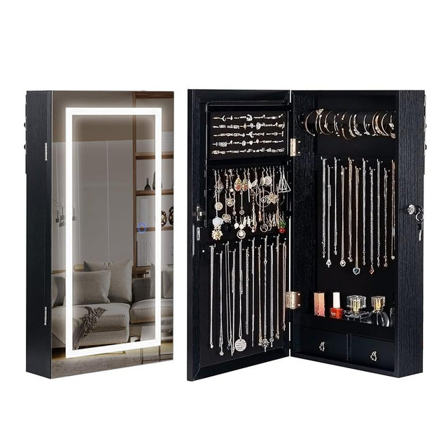 LAVIEVERT Jewelry Armoire with LED Lighted Mirror, Wall/Door Mounted Frameless Mirror with 3 Color Lights, Lockable Jewelry Cabinet Hanging Jewelry Organizer with 2 Drawers - Black