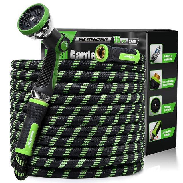 RAINPOINT 75 Foot Garden Hose - No-kink 304 Metal Garden with 10 mode Nozzle - Brass Connection, Swivel Handle, Flexible Hose,Lightweight, Puncture
