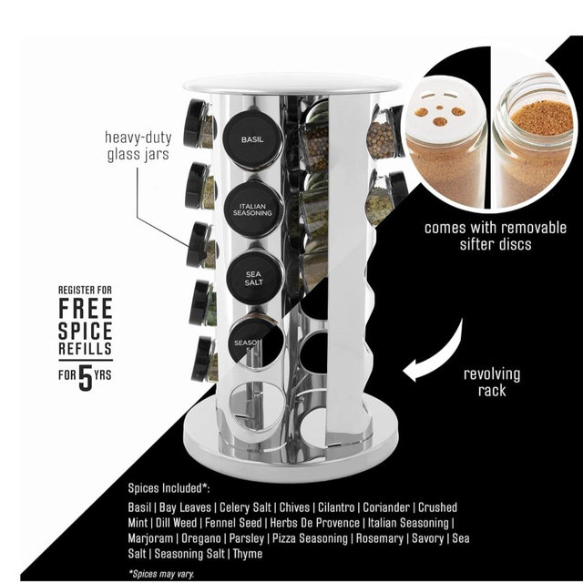 Kamenstein 20 Jar Revolving Countertop Spice Rack with Spices Included, FREE Spice Refills for 5 Years, Polished Stainless Steel with Black Caps, 30020