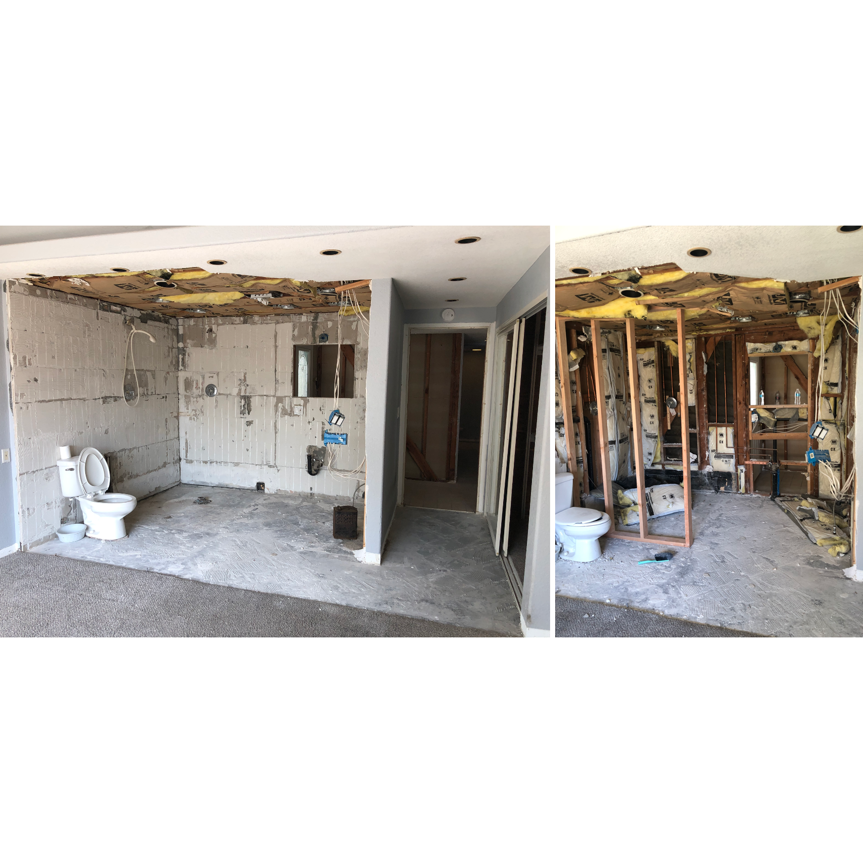 They say things get worse before they get better... These are a few stages of the master bathroom. On the left was just the glass and tile removed, then they took it down to the studs on the right!