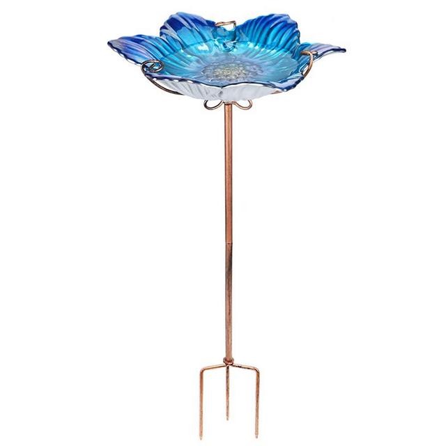 Outdoor Bird Bath Glass Birdbath Garden Birdfeeder with Metal Stake Blue(Height:26inch)
