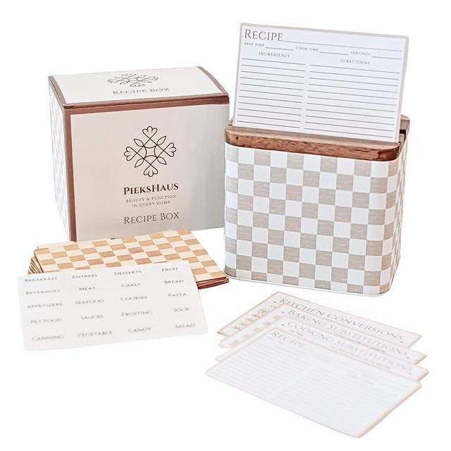 Recipe Box Set w/ Card Acacia Wood Lid & Wooden Dividers -Modern Recipe Box w/ 80 4x6" Cards & Recipe Protectors -Recipe Box Metal w/ Customizable Tabs & Labels -Gifts For Mothers, Bridal, Home Decor