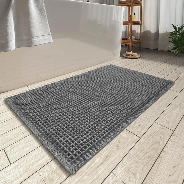 AMOAMI Upgraded Waffle Bath Mat, Super Absorbent Non Slip Bath Mats for Bathroom Floor, Washable Bathroom Rugs with Tassels, Rubber Backed Bathroom Mats, Ultra Soft, 18" x 30", Dark Grey