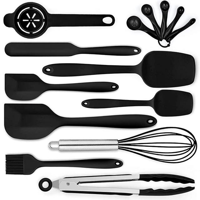 Silicone Spatulas Set of 14, P&P CHEF Black Heat Resistant Rubber Spatula with One Piece Design, Flexible Kitchen Baking Spatulas For Cooking, Mixing, Seamless Design & Durable, Dishwasher Safe