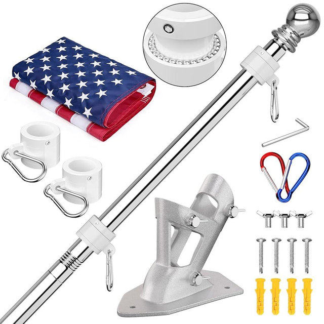 ZMTECH American Flag with Pole- 6FT Flagpoles with Upgraded Tangle Free Rings and Bracket, 1" Stainless Steel Flag Poles with Holder for Outside House, Residential or Commerical (Silver, No Light)