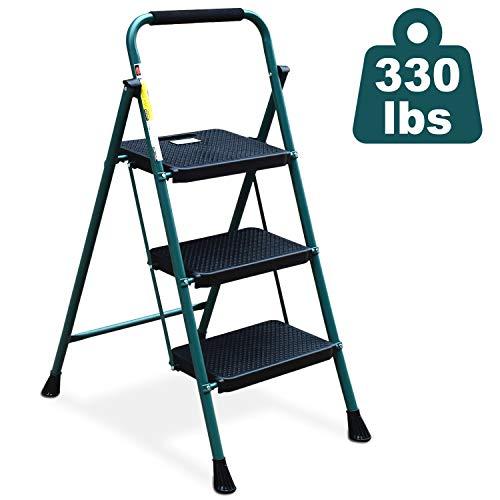 HBTower 3 Step Ladder, Folding Step Stool with Wide Anti-Slip Pedal, Sturdy Steel Ladder, Convenient Handgrip, Lightweight 500lbs Portable Steel Step Stool, Green and Black