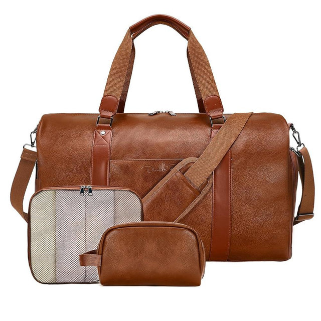 3-in-1 Leather Duffle Bag for Travel with Toiletry Bag and Shoe Compartment, Weekender Overnight Gym Bag for Men Women, Carry On Bag Fits 21 Inch Laptop