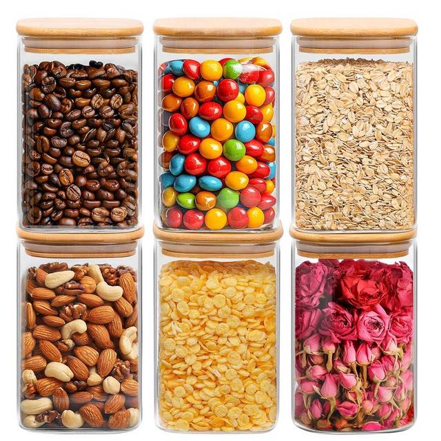ComSaf 37oz Glass Storage Containers with Lids, Glass Jars with Bamboo Lids, Clear Food Storage Jar, Square Glass Canister Set of 6, Pantry Organizers and Storage for Flour Oat Pasta Tea Coffee Bean