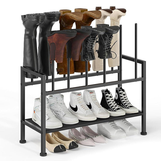DIMJ Free Standing Shoe Racks - 3-Tier Boot Rack, Black Metal Boot Storage Organizer Tall Boots, Tall Boot Organizer for Closet, Multiuse Shoe Rack for Boots, Sneakers,Fit for 6 Pairs Boots, Black