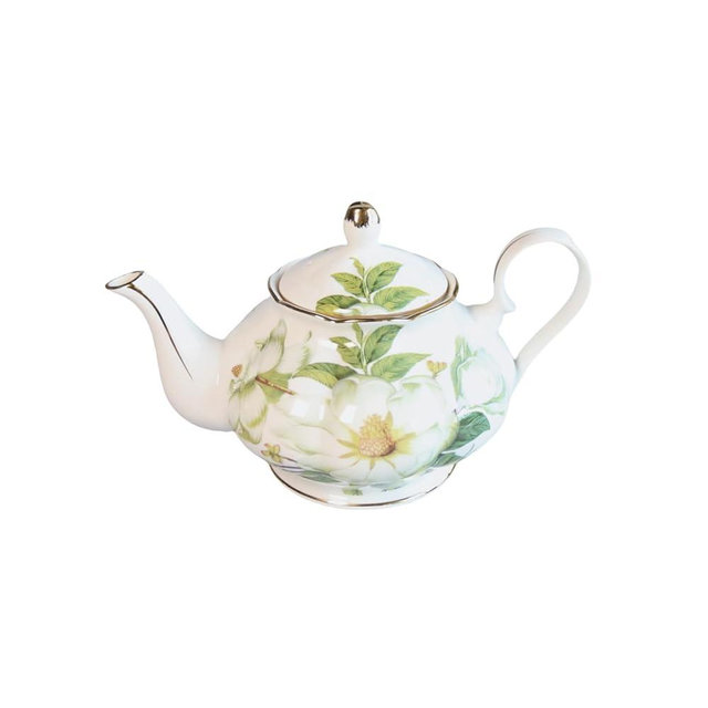 POWDONUNT 22oz Floral Ceramic Teapot (Suitable for 1 to 3 people) – Vintage Gold Rim Tea Pot for Loose Leaf, Blooming Tea & Coffee, Elegant Teapot for Tea Party, Flower Design (White Camellia)