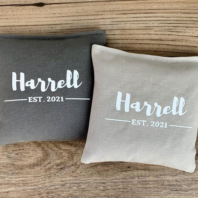 8 Custom Family/Last Name Bean Bags for Cornhole, With Wedding Year - Whole Corn Filled - ACA Regulation