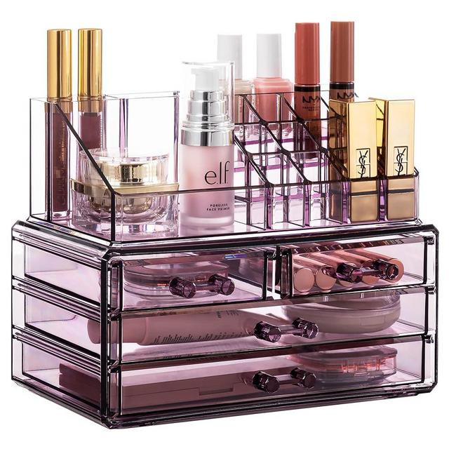 HBlife Clear Acrylic Makeup Organizer, 2 Pieces Vanity Makeup Case with 4 Storage Drawers, 2 Tier Bedroom Cosmetic Display Case, Skincare Bathroom Counter Organizer