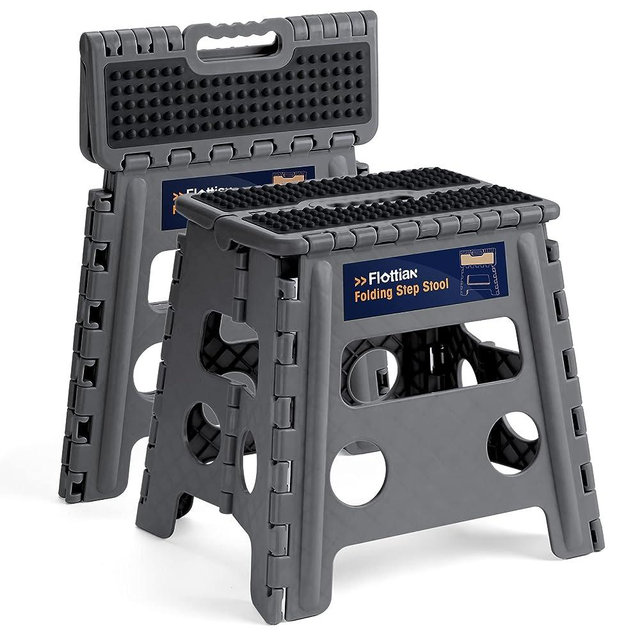 Flottian 13" Folding Step Stool for Adults and Kids Holds Up to 300 lbs ,Non-Slip Folding Stools with Handle, Compact Plastic Foldable Step Stool for Bathroom,Bedroom, Kitchen Gray,2PC