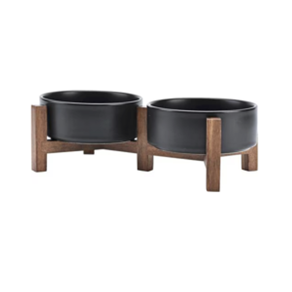 SpunkyJunky Ceramic & Acacia Wood Raised Dog Bowls, 2 count, Gray, 1.7 cup