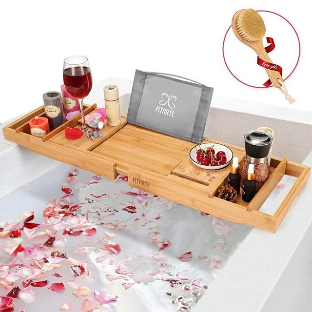 FITNATE Luxury Bathtub Tray, Wooden Bathtub Tray with Extendable Sizes, Adjustable, Non-Slip & Durable, Bathtub Tray Caddy with Wooden Body Brush,Wine Glass Slot, Phone Tray, Book Holder