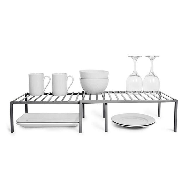 Smart Design Premium Cabinet Storage Shelf - Large Expandable (16-32 x 10 Inch) - Steel Metal Frame - Rust Resistant Coating - Cup, Dish, Counter & Pantry Organization - Kitchen [Charcoal Gray]