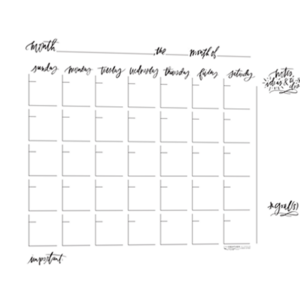 Creatives Calendar, Calligraphy (Sunday Start)