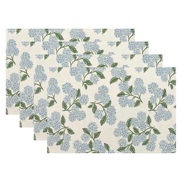 Blue Green Spring Placemats Set of 4 Hydrangea Flower Decor Place Mats 12x18 Inch Vintage Floral Summer Seasonal Decorative Linen Table Mats for Home Kitchen Dining Party Table Decoration